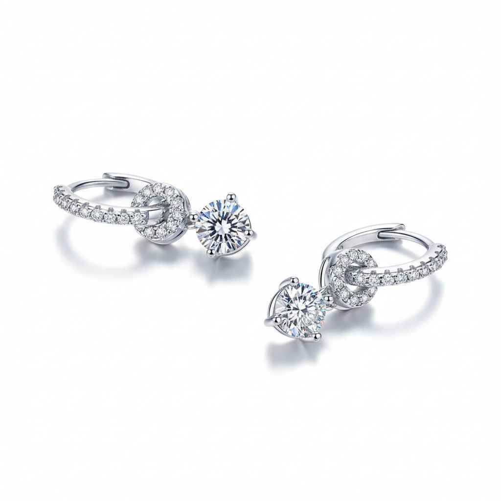 1 carat Sterling Silver Moissanite Halo Drop Hoop Earrings
