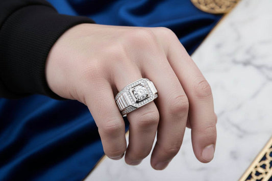 Dark Night - 1 Carat Cushion Cut Men's Moissanite Ring White Gold Plated - GuardianAngel Jewels