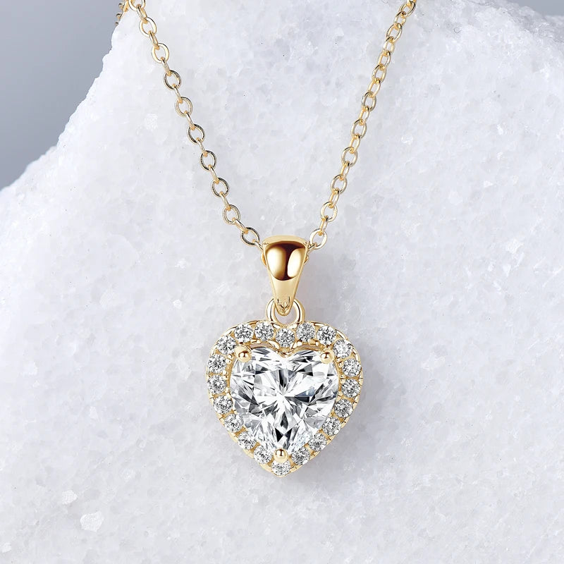 GRA Certified 2Ct Moissanite Heart Halo Pendant Necklace D VVS1 14K Gold Plated