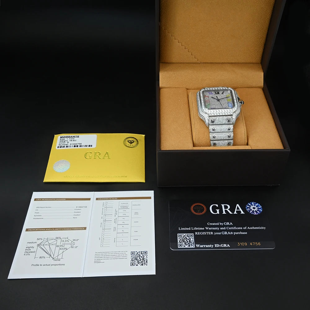 GRA Certified Iced Out Rainbow SEAKOSS Moissanite Watch D VVS1