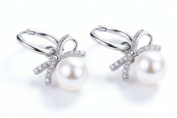 2 Carat Freshwater Pearl Bow-Tie Moissanite Earrings - GuardianAngel Jewels