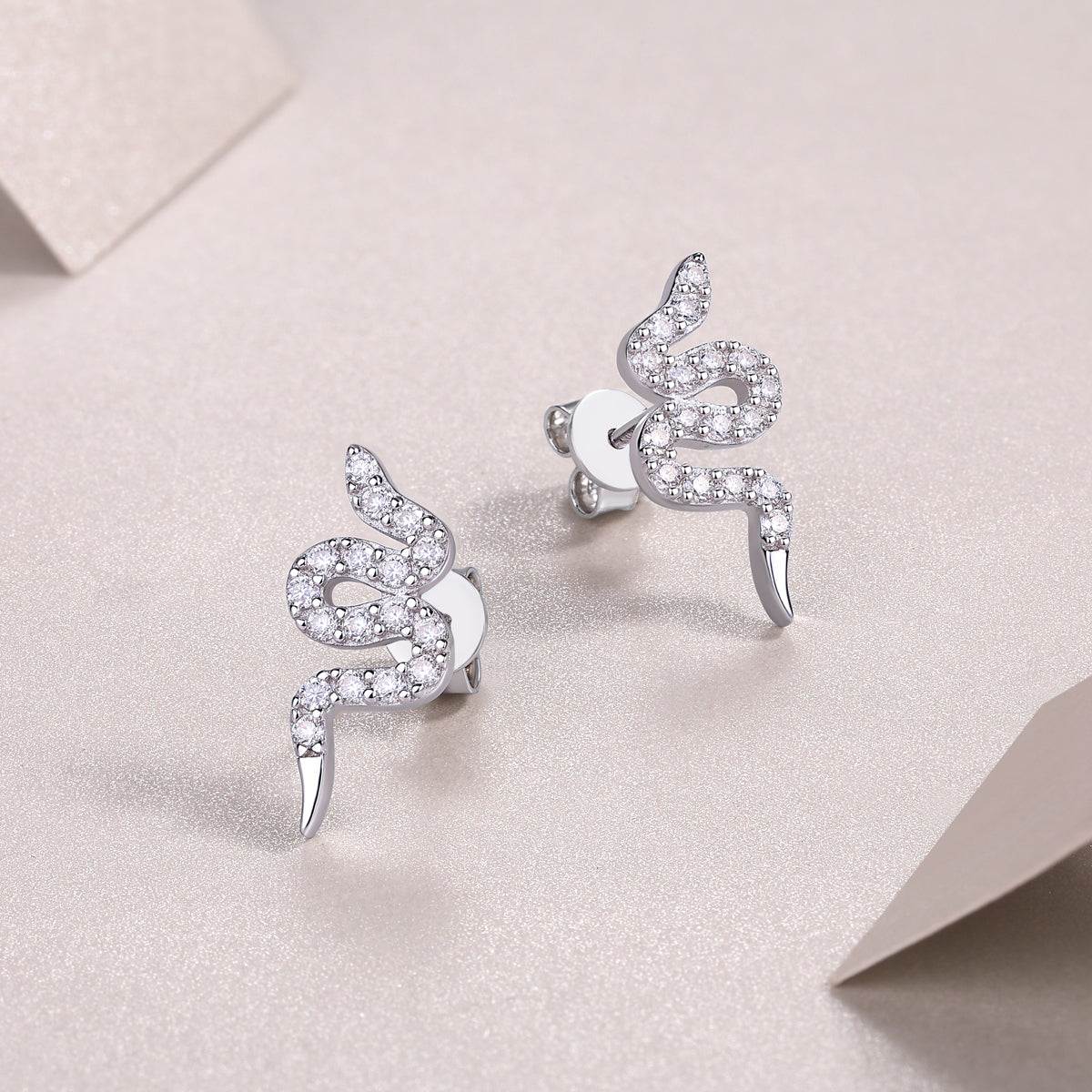 Silver Snakes Moissanite Stud Earrings - plated Platinum - GuardianAngel Jewels