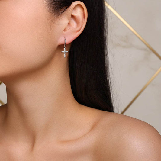 Perseverance - Moissanite Hoop Stud Earrings Plated Platinum - GuardianAngel Jewels