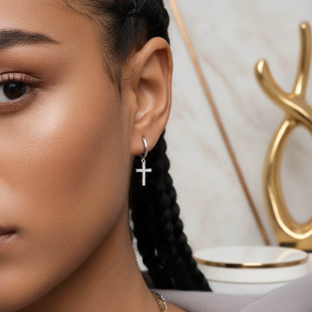 Perseverance - Moissanite Hoop Stud Earrings Plated Platinum - GuardianAngel Jewels