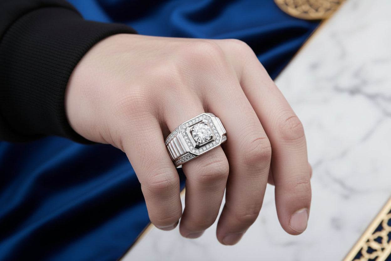 Dark Night - 1 Carat Cushion Cut Men's Moissanite Ring White Gold Plated - GuardianAngel Jewels