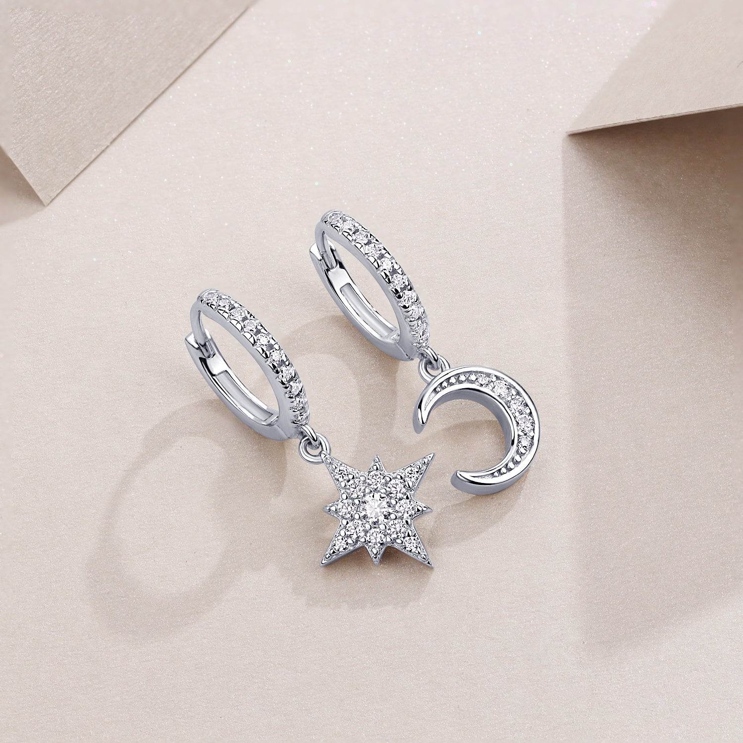 Star and Moon - Moissanite Diamond Earrings Sterling Silver Platinum Plated - GuardianAngel Jewels