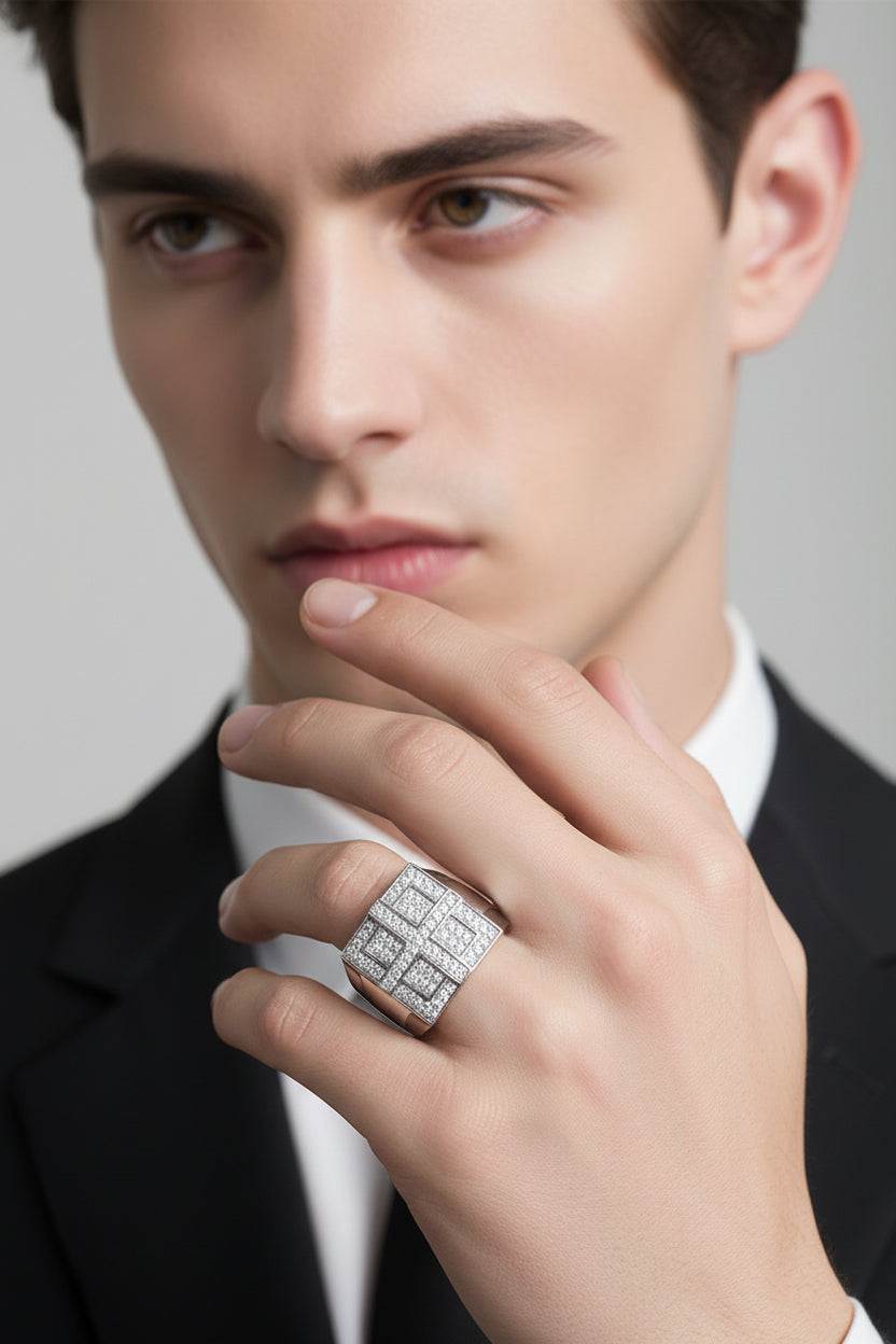 Squares - Mens Moissanite Luxury Ring Platinum Plated - GuardianAngel Jewels