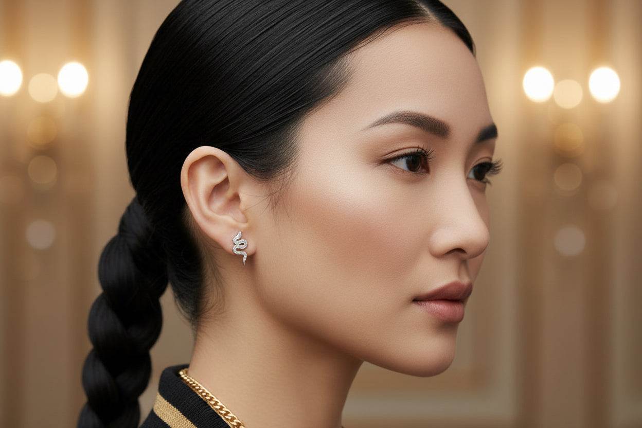 Silver Snakes Moissanite Stud Earrings - plated Platinum - GuardianAngel Jewels