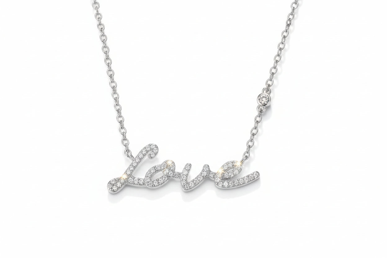 Love - Moissanite Silver Necklace Pendant Platinum Plated - GuardianAngel Jewels