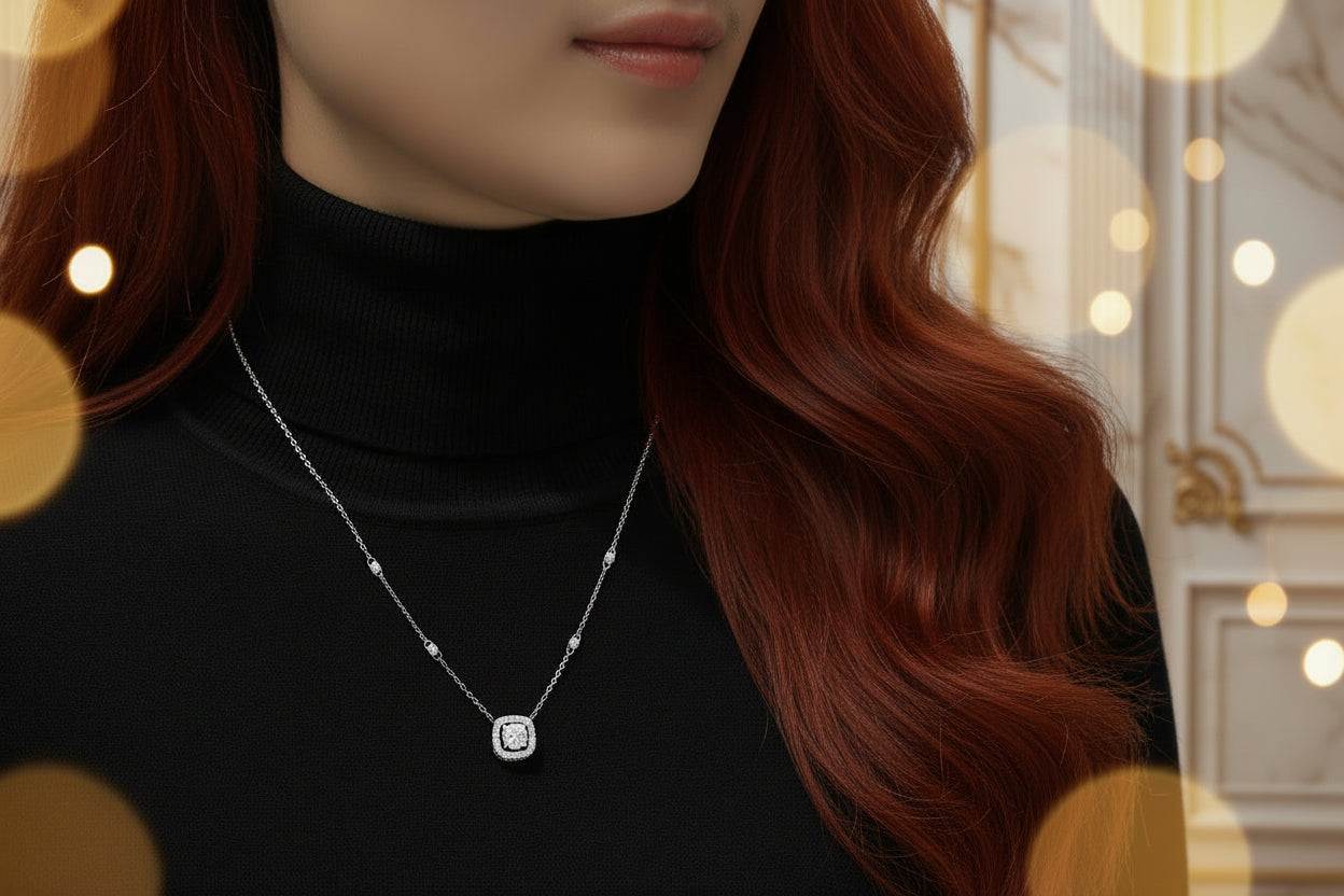 Square Halo - 1 Carat Moissanite Pendant Necklace Sterling Silver Platinum Plated - GuardianAngel Jewels