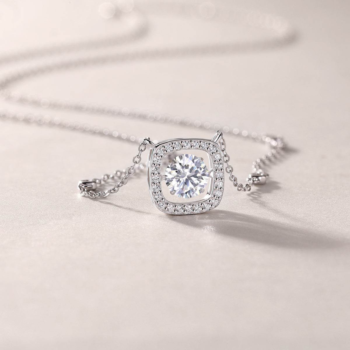 Square Halo - 1 Carat Moissanite Pendant Necklace Sterling Silver Platinum Plated - GuardianAngel Jewels