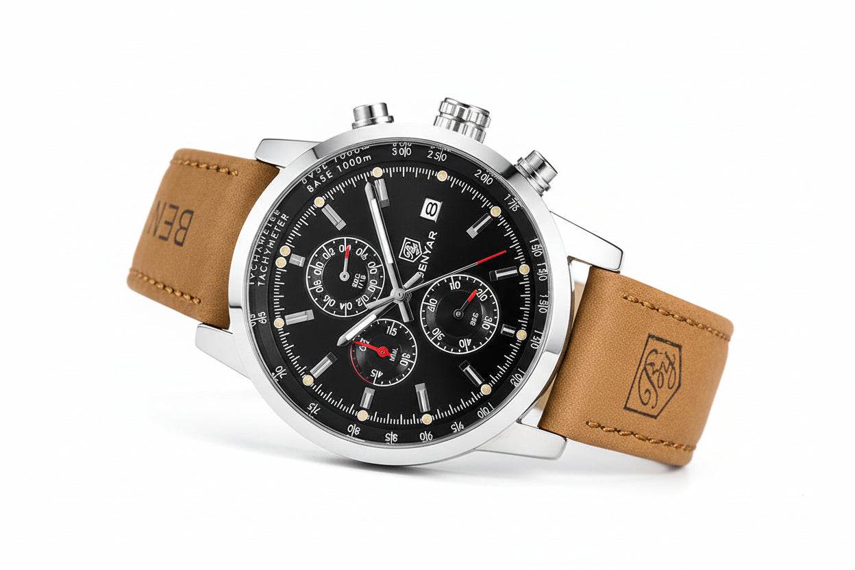 BENYAR Analog Quartz Chronograph Men's Wrist Watch - Genuine Leather Strap - GuardianAngel Jewels