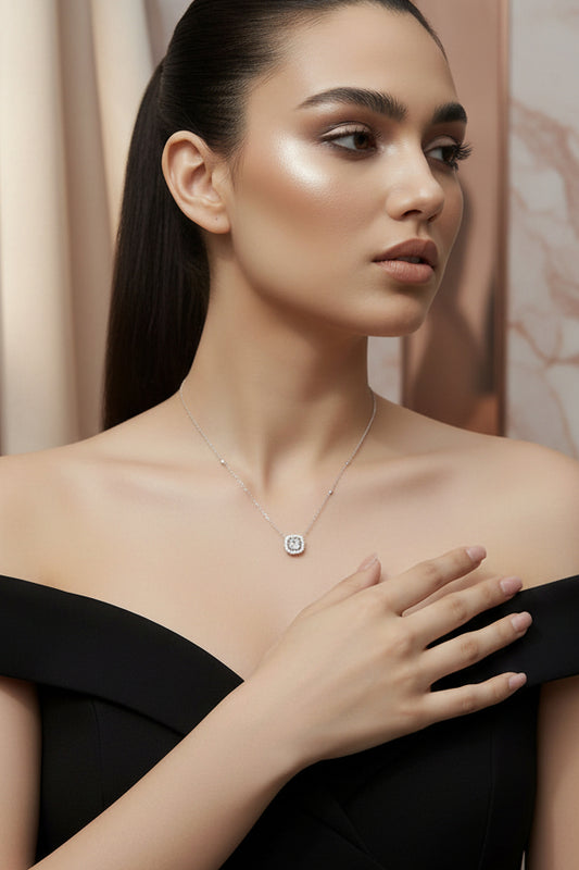 Square Halo - 1 Carat Moissanite Pendant Necklace Sterling Silver Platinum Plated - GuardianAngel Jewels