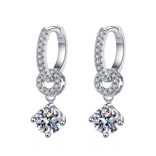 1 carat Sterling Silver Moissanite Halo Drop Hoop Earrings