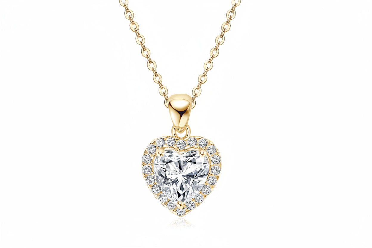 GRA Certified 2Ct Moissanite   Heart Halo Pendant Necklace D VVS1 14K Gold Plated