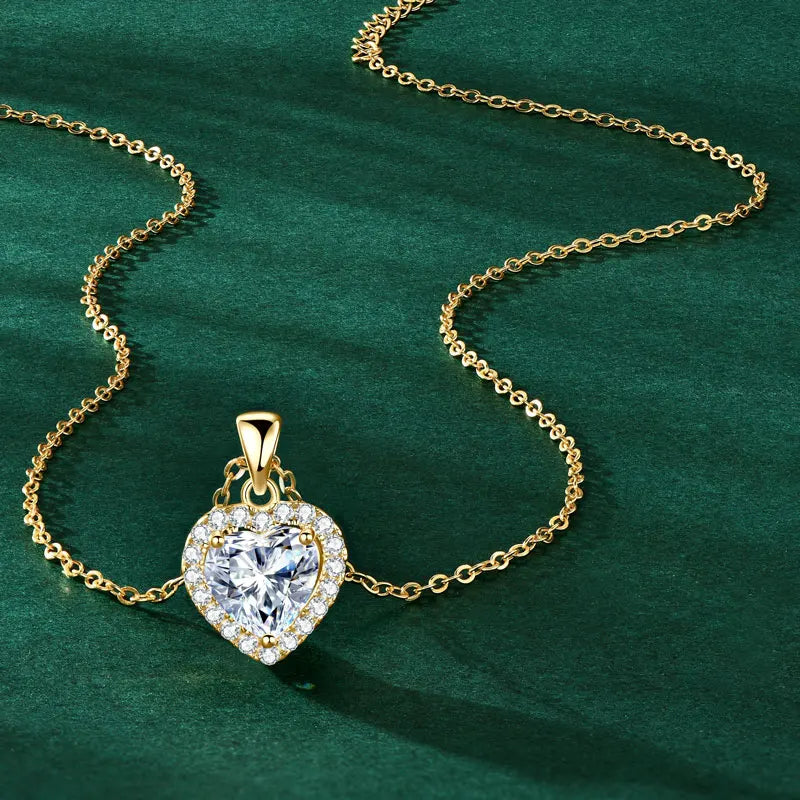 GRA Certified 2Ct Moissanite   Heart Halo Pendant Necklace D VVS1 14K Gold Plated