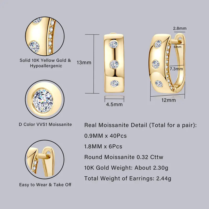 GRA Certified .32Ct Moissanite Hoop Clip D VVS1 10K Solid Gold Earrings