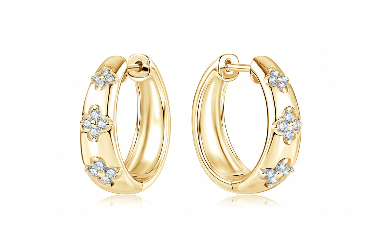 GRA Certified Moissanite Trio Flower Hoop Earrings 925 14K Gold Plated