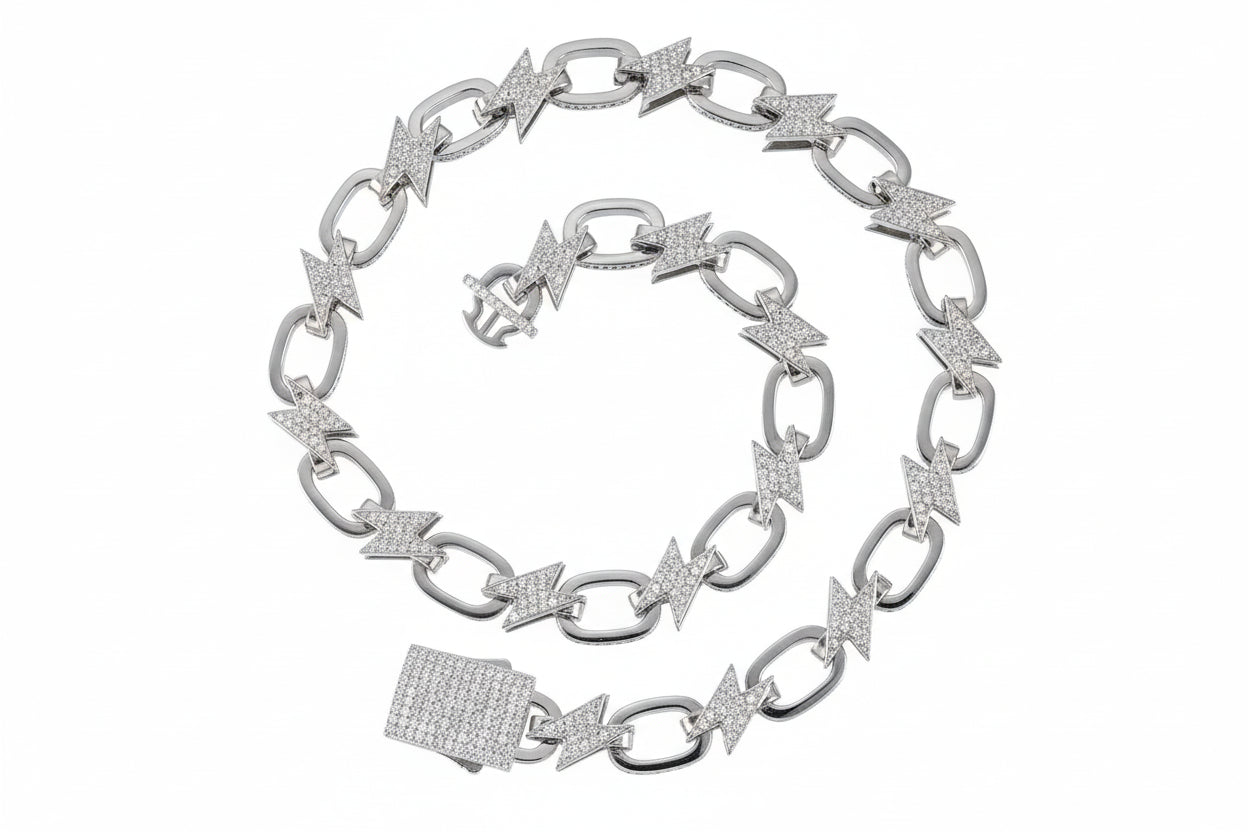 GRA Certified Iced Out Moissanite Lightning Bolt Cuban Link Chain D VVS1 925