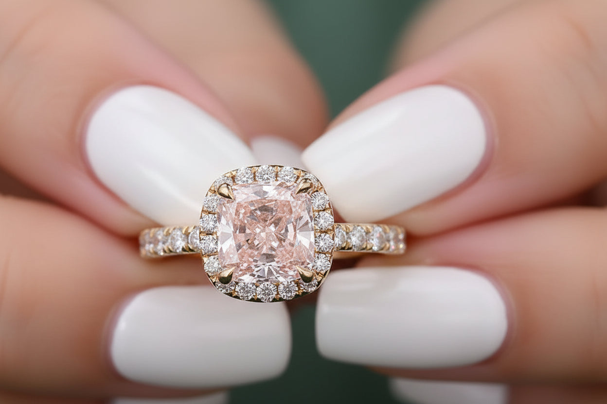 IGI Certified Pink Cushion Cut Diamond Halo Wedding Ring - GuardianAngel Jewels