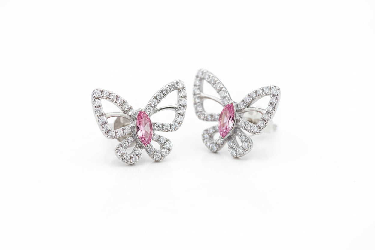 Pink Butterfly 18K White Gold Diamond Earrings - GuardianAngel Jewels