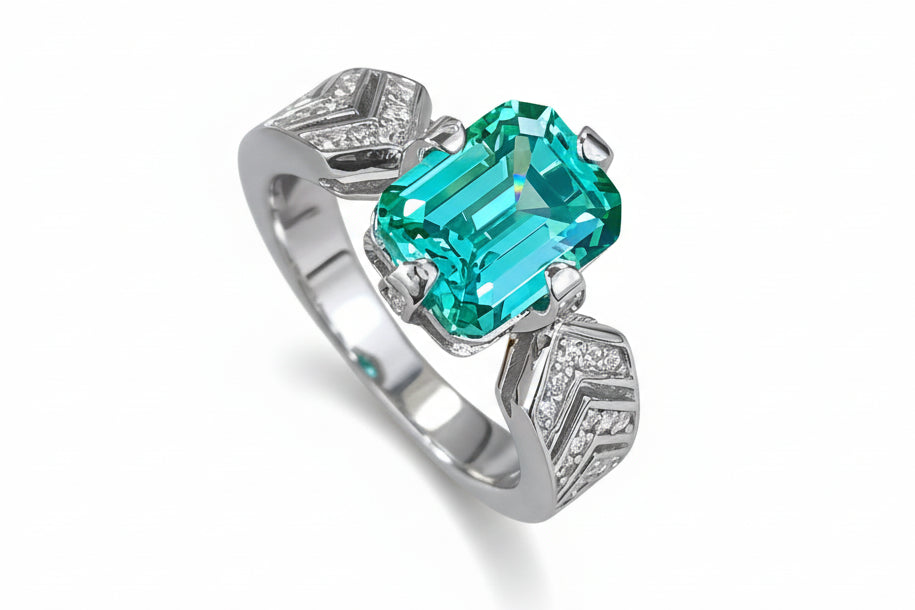 Rectangular Emerald Wedding Ring Sterling Silver - GuardianAngel Jewels