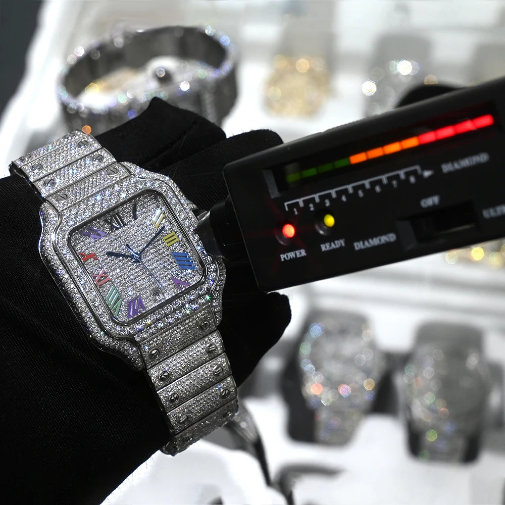 GRA Certified Iced Out Rainbow SEAKOSS Moissanite Watch D VVS1