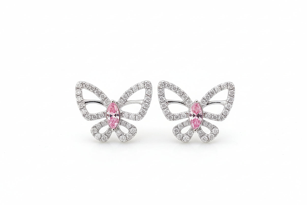 Pink Butterfly 18K White Gold Diamond Earrings - GuardianAngel Jewels