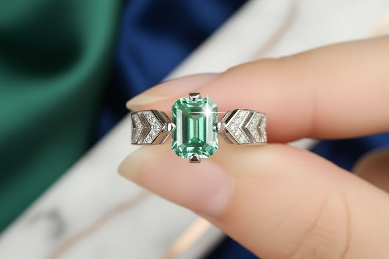 Rectangular Emerald Wedding Ring Sterling Silver - GuardianAngel Jewels