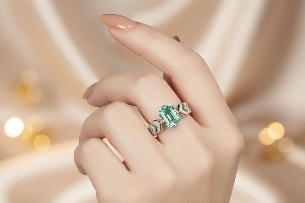 Rectangular Emerald Wedding Ring Sterling Silver - GuardianAngel Jewels