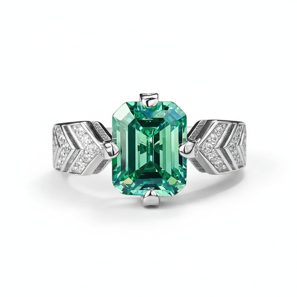 Rectangular Emerald Wedding Ring Sterling Silver - GuardianAngel Jewels