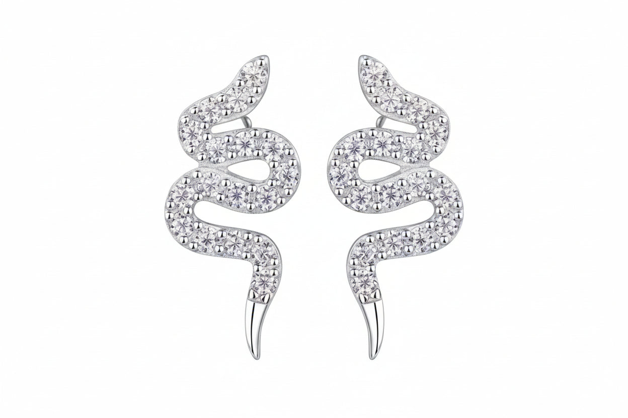 Silver Snakes Moissanite Stud Earrings - plated Platinum - GuardianAngel Jewels