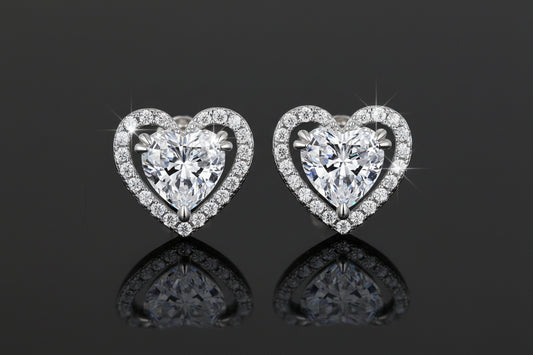 Heart Shaped Halo - 1 Carat Moissanite  Silver Stud Earrings Platinum Plated