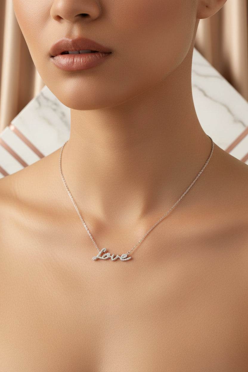 Love - Moissanite Silver Necklace Pendant Platinum Plated - GuardianAngel Jewels