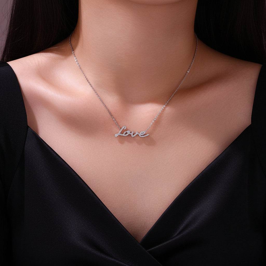 Love - Moissanite Silver Necklace Pendant Platinum Plated - GuardianAngel Jewels