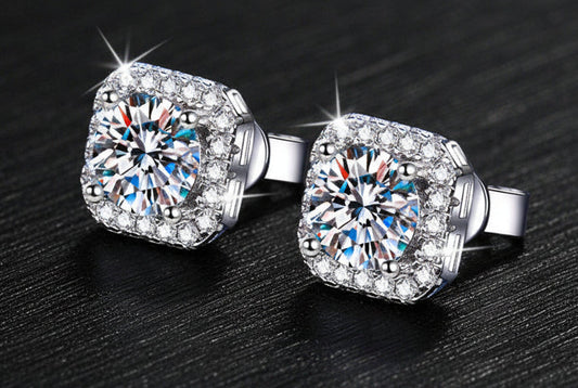 1 Carat Square Halo Moissanite Sterling Silver Earrings