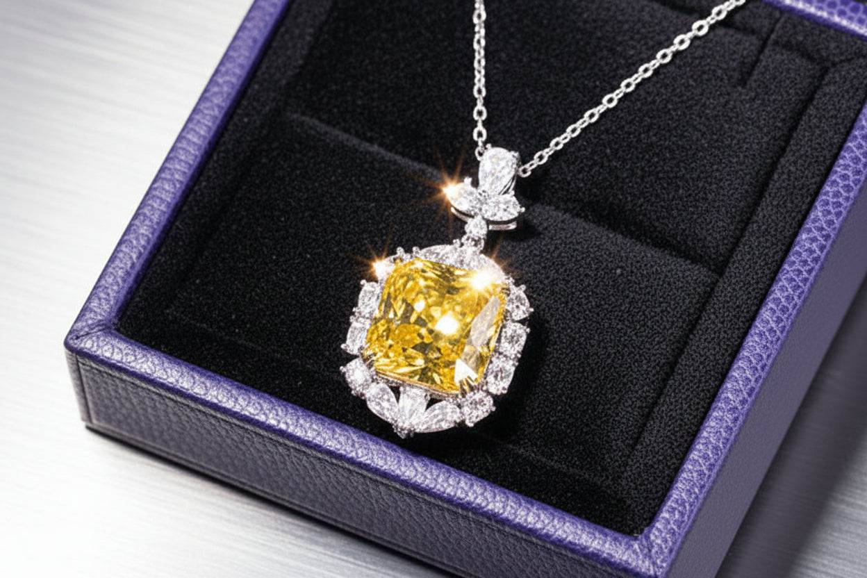 Victorian - Canary Yellow Moissanite Pendant Necklace Silver - GuardianAngel Jewels