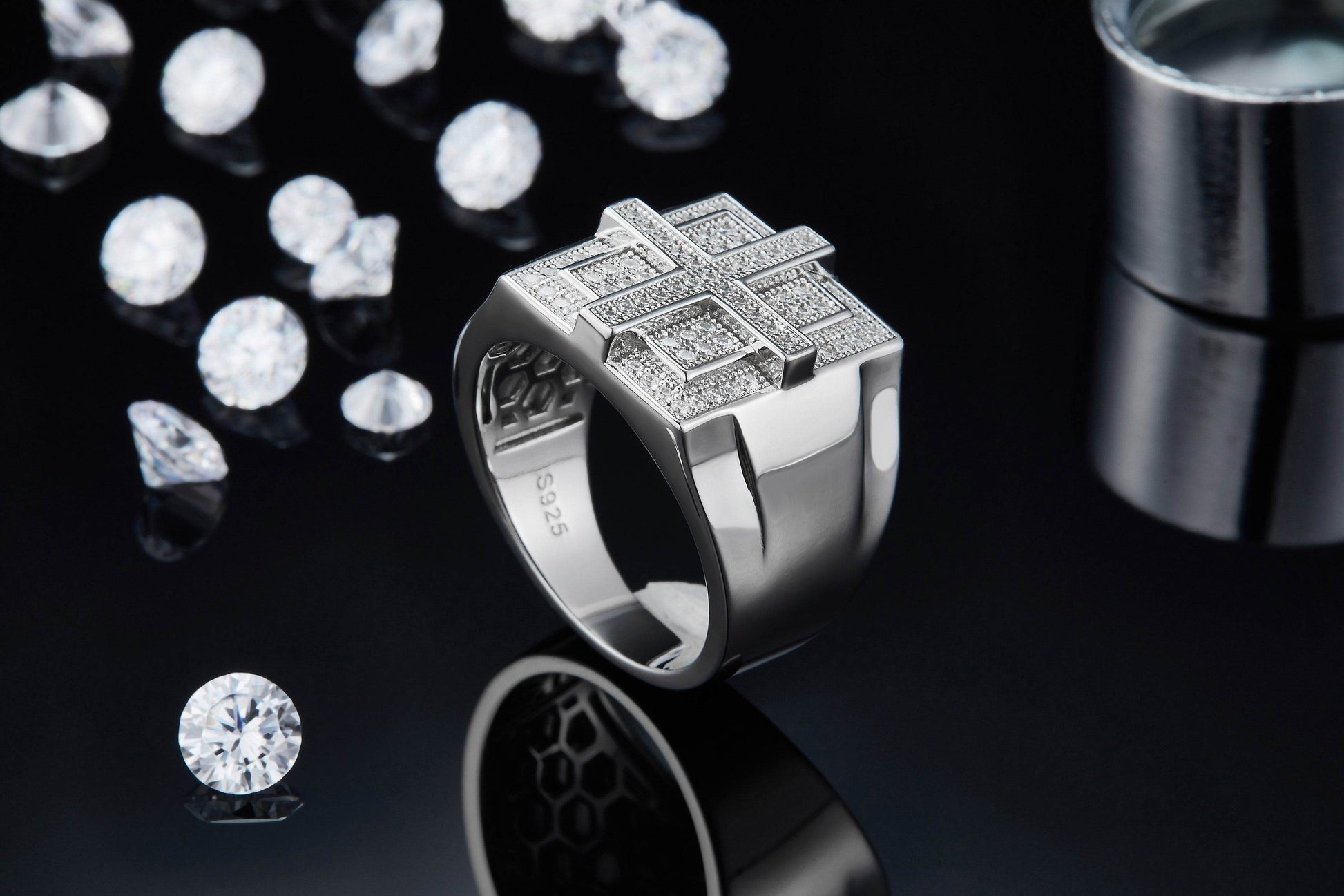 Squares - Mens Moissanite Luxury Ring Platinum Plated - GuardianAngel Jewels