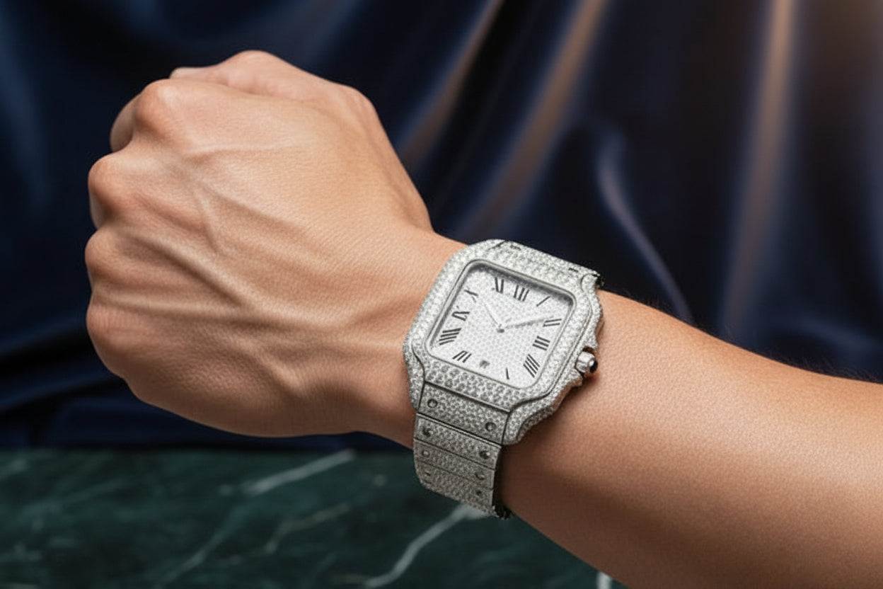 Iced Out - Square Faced Roman Numerals Moissanite Watch - GuardianAngel Jewels