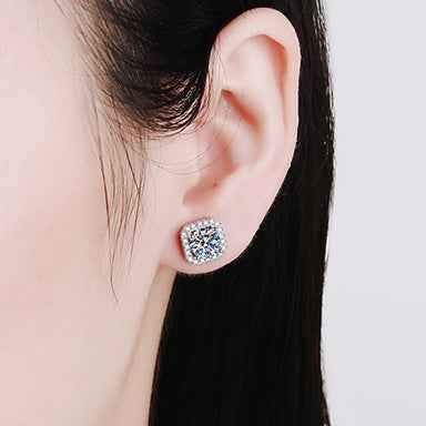 1 Carat Square Halo Moissanite Sterling Silver Earrings