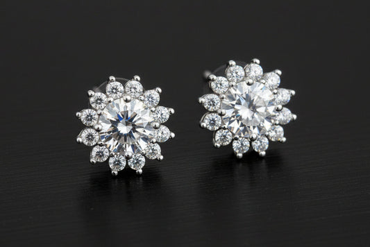 Sun Flower Moissanite Silver Stud Earrings