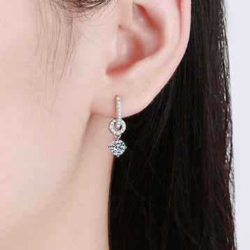 1 carat Sterling Silver Moissanite Halo Drop Hoop Earrings